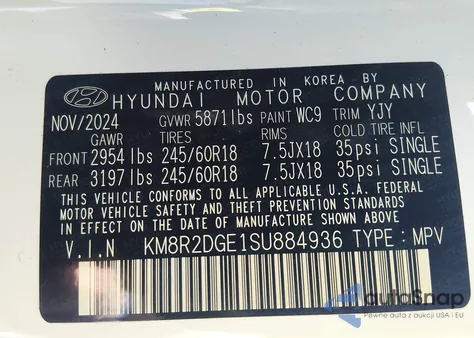 2025 Hyundai Palisade Sel z USA, uszkodzony, nr VIN KM8R2DGE1SU884936